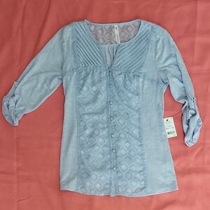 NY Collection Light Blue Blouse with Lace Detail